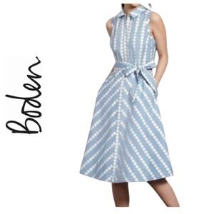 Boden Clemmie Blue White Polka Dot Sleeveless Button Up Fit & Flare Midi Dress